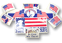 Many patriotic labels, patriotic address labels, flag stickers, made in the USA stickers and patriotic decals.
